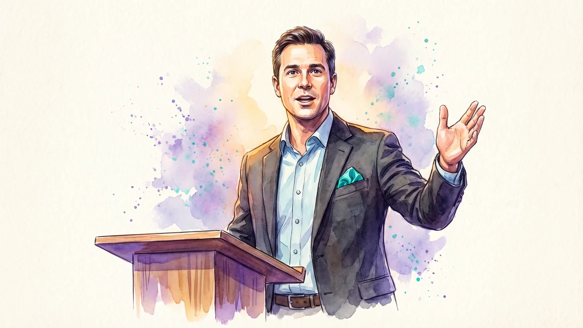 Professional speaker standing beside a podium